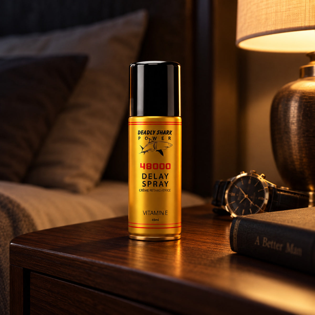Deadly Shark 48000 delay spray on a bedside table